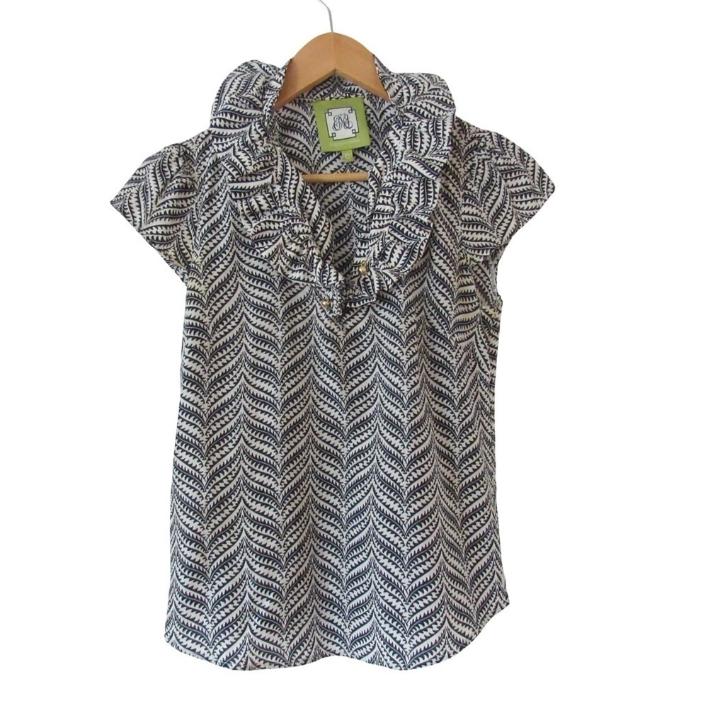 Elizabeth McKay Sleeveless Blouse 0 Black Blue White Cotton Silk Blend Neckline